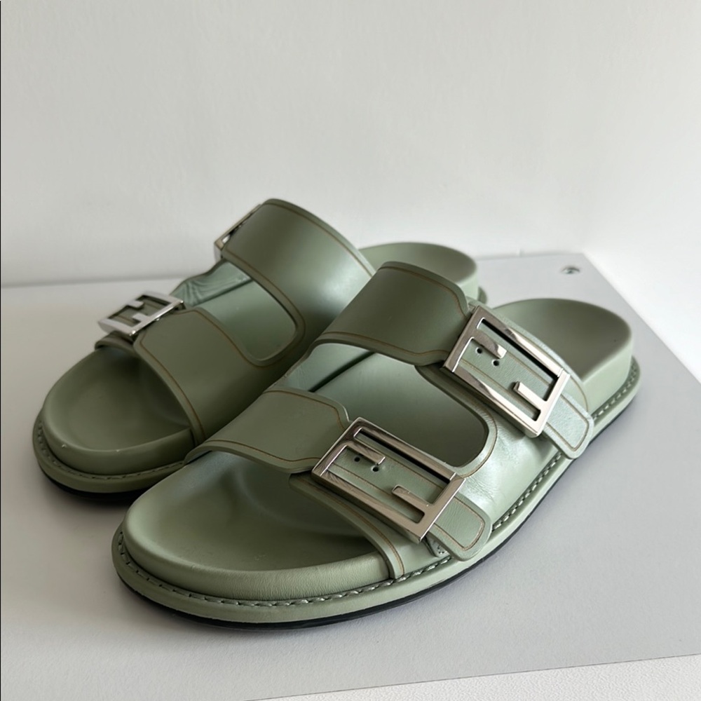 *Sold* Fendi F Buckle Leather Slide Sandals with Silver Buckles